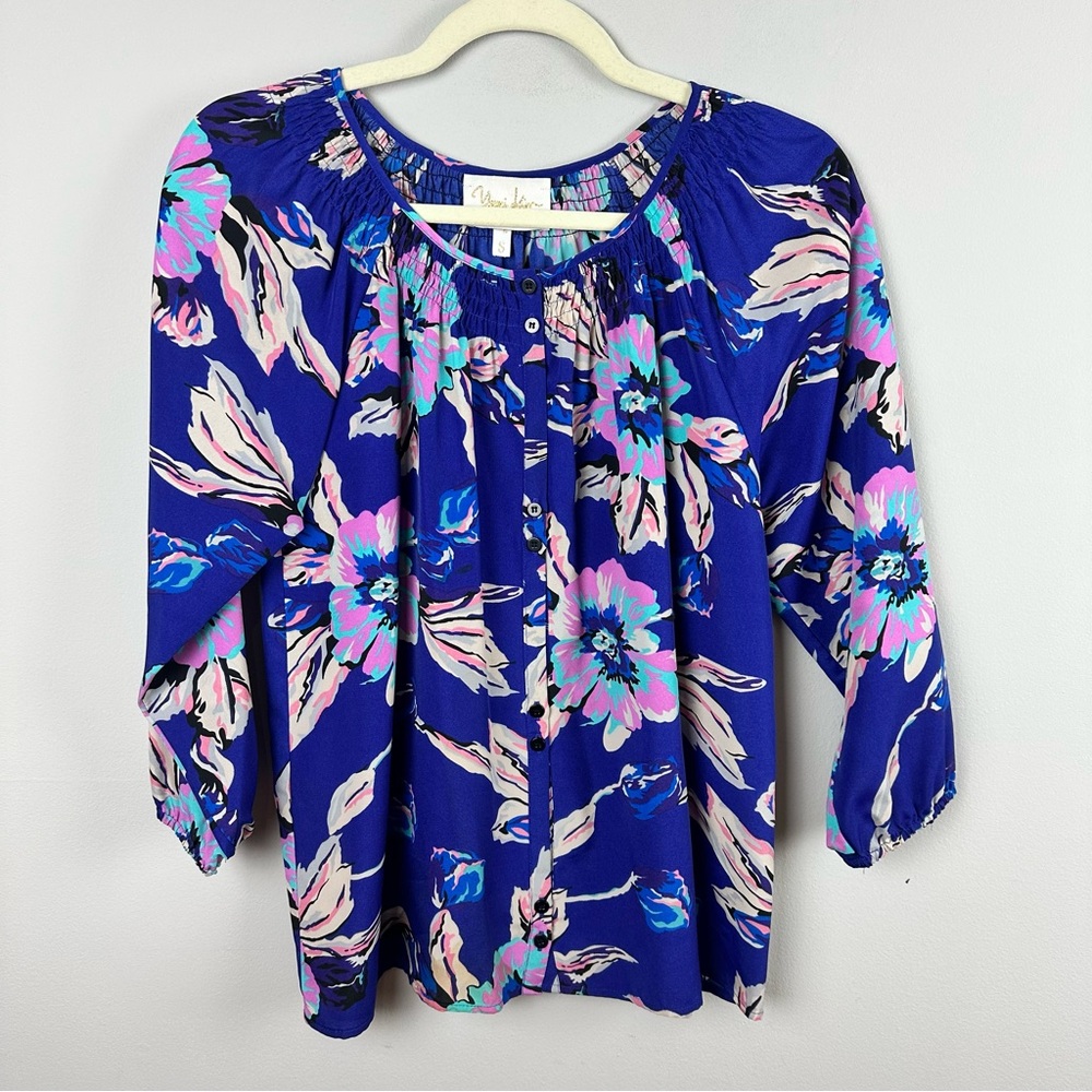 Yumi Kim Blue Floral 3/4 Sleeve Popover Blouse Top Size S